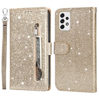 For Samsung Galaxy A33 5G Glittery PU Leather Case Stand Wallet Design Zipper Pocket Phone Shell with Strap