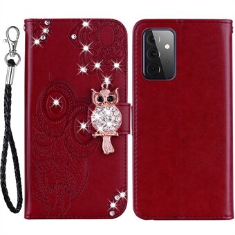 Rhinestone Decor Flip PU Leather Magnetic Clasp Case Wallet Stand Owl Flower Imprinted Shell Cover with Strap for Samsung Galaxy A33 5G