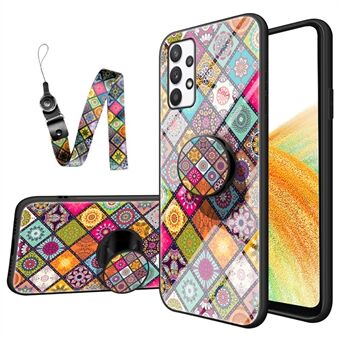 For Samsung Galaxy A33 5G Stylish Pattern Kickstand Tempered Glass + PC + TPU Shockproof Phone Case Cover with Lanyard