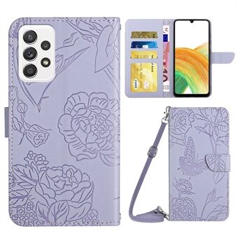 For Samsung Galaxy A33 5G Butterfly Flowers Imprinting PU Leather Phone Shell, Pattern Imprinting Design Wallet Horizontal Stand Case with Shoulder Strap