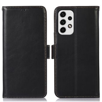 For Samsung Galaxy A33 5G RFID Blocking Genuine Cowhide Leather Protective Shell Side Clasps Design Crazy Horse Texture Phone Case with Stand Wallet