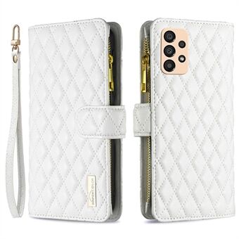 BINFEN COLOR for Samsung Galaxy A33 5G BF Style-15 Anti-drop Zipper Pocket PU Leather Phone Cover Imprinted Rhombus Pattern Matte Flip Case Stand