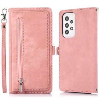 For Samsung Galaxy A33 5G PU Leather Wallet Case Multi-Functional 9 Card Slots Zipper Handbag Wrist Strap Stand Protective Cover