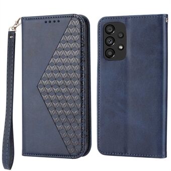 For Samsung Galaxy A33 5G Calf Texture PU Leather Magnetic Auto-absorbed Phone Case Imprinted Rhombus Pattern Wallet Stand Cover with Strap