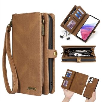 MEGSHI 017 Series For Samsung Galaxy A33 5G Detachable Magnet Cover Zipper Wallet PU Leather Flip Case with Wrist Strap