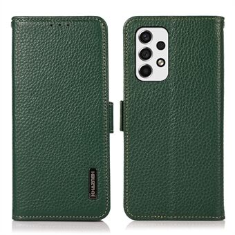 KHAZNEH RFID Blocking Design Litchi Texture Well-protected Drop-proof Genuine Leather Phone Case Cover with Wallet Stand for Samsung Galaxy A53 5G