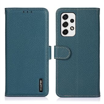 KHAZNEH Litchi Texture Phone Case Top Layer Genuine Leather Well-protected Wallet Magnetic Closure Flip Cover with Stand for Samsung Galaxy A53 5G