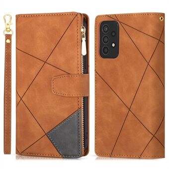 For Samsung Galaxy A53 5G Color Splicing Stand Wallet Leather Cover Imprinting Lines Phone Case Protector with Zipper Pocket