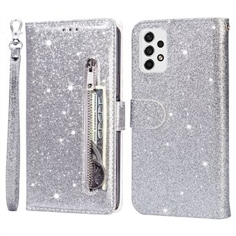 For Samsung Galaxy A53 5G Glitter Sequins PU Leather + TPU Full Protection Stand Wallet Case with Zipper Pocket and Hand Strap