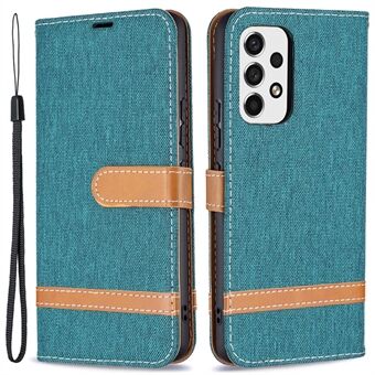 Color Splicing Jeans Cloth Magnetic Clasp Stand PU Leather Wallet Leather Phone Case with Carrying Lanyard for Samsung Galaxy A53 5G