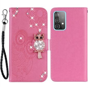 For Samsung Galaxy A53 5G PU Leather Magnetic Clasp Case Rhinestone Decor Wallet Stand Owl Flower Imprinted Shell Cover with Strap