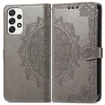 PU Leather Mandala Embossed Shockproof Cover for Samsung Galaxy A53 5G, Stand Flip Premium Wallet Phone Case with Strap