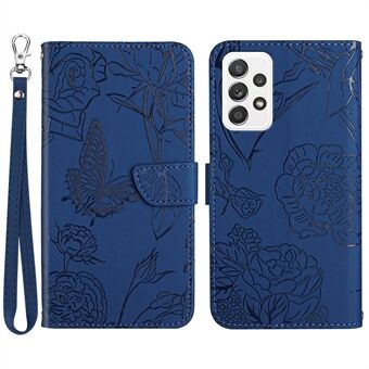 Butterfly Flower Imprinted Phone Cover for Samsung Galaxy A53 5G, Wallet Function Skin-touch PU Leather Stand Shell with Hand Strap