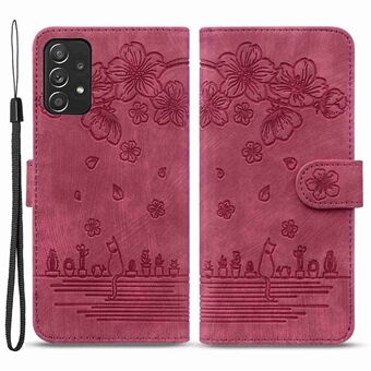 For Samsung Galaxy A53 5G Drop-proof Wallet Case Cherry Blossom Cat Imprinted PU Leather Stand Anti-scratch Flip Cover with Strap