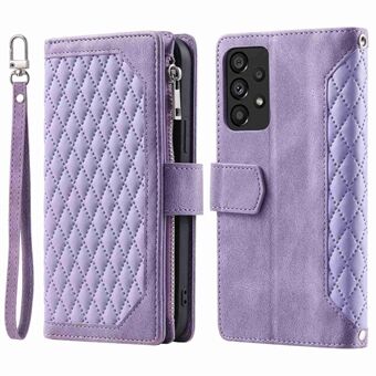 005 Style Phone Protective Cover for Samsung Galaxy A53 5G, Rhombus Texture PU Leather Zipper Pocket Stand Wallet Case with Wrist Strap