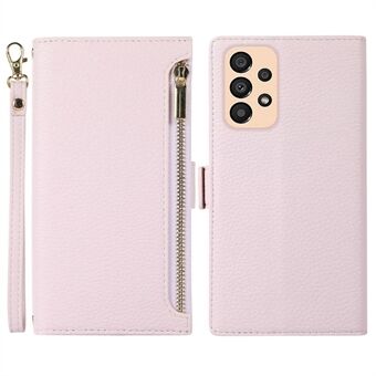 For Samsung Galaxy A53 5G Litchi Texture Phone Case Zipper Pocket PU Leather Stand Wallet with Strap