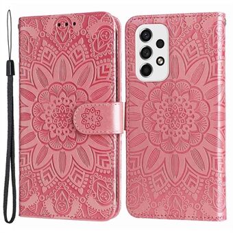 For Samsung Galaxy A53 5G Sunflower Imprinted Magnetic Closure Phone Case PU Leather Stand Flip Wallet Cover with Wrist Strap