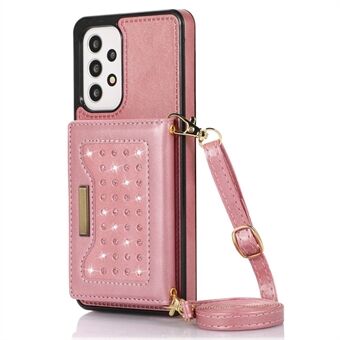 For Samsung Galaxy A53 5G Rhinestone Decor Tri-fold Wallet Kickstand PU Leather Coated TPU Cover RFID Blocking Phone Case with Shoulder Strap