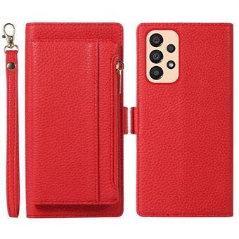 Litchi Texture Flip Cover For Samsung Galaxy A53 5G, 2 in 1 Magnetic PU Leather Anti-fall Phone Case Stand Detachable Zipper Pocket Wallet with Strap