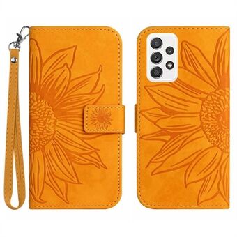 For Samsung Galaxy A53 5G HT04 Skin-Touch PU Leather Book Style Phone Case Imprinted Sunflower Stand Wallet Cover with Hand Strap