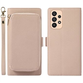 For Samsung Galaxy A53 5G Magnetic Detachable Zipper Card Bag 2-in-1 Litchi Texture PU Leather Cover Phone Stand Wallet Case with Strap