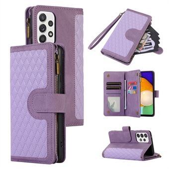 For Samsung Galaxy A53 5G Zipper Pocket Leather Stand Wallet Shell 9 Card Slots Rhombus Grid Phone Case