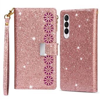 For Samsung Galaxy Z Fold4 5G Style Bling Star Laser Workmanship Phone Cover Bag Zipper Wallet Stand Anti-wear Leather Phone Case with Strap