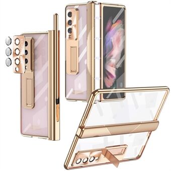 For Samsung Galaxy Z Fold4 5G Hinge + Stylus Pen Design Electroplating Hard PC Kickstand Function Phone Case with Tempered Glass Screen Protector