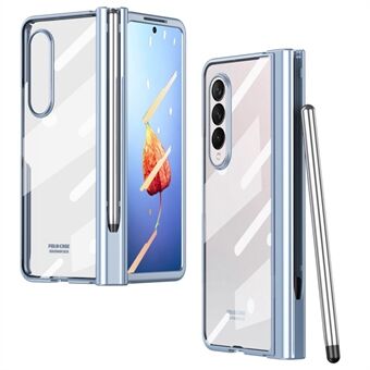 For Samsung Galaxy Z Fold4 5G Tempered Glass Film Drop Resistant Electroplating PC Phone Case with Pen Slot Hinge and Stylus Pen