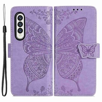 For Samsung Galaxy Z Fold4 5G Drop-proof Flip Cover PU Leather Book Wallet Case Imprinted Butterfly Pattern Stand Magnetic Clasp Phone Shell with Wrist Strap