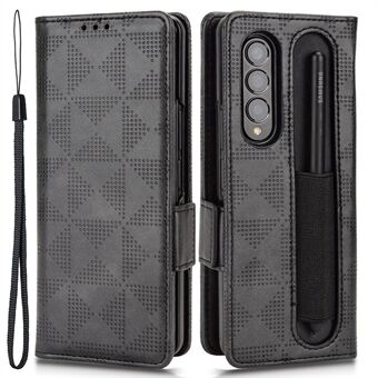 For Samsung Galaxy Z Fold4 5G Shockproof Phone Case with Pen Slot Triangle Pattern Imprinted PU Leather Flip Wallet Cover Stand