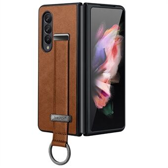 SULADA Fashion Series for Samsung Galaxy Z Fold4 5G Kickstand Design Anti-fingerprint Waxy Leather Coated PC Shell Electroplating Phone Case with Wristband