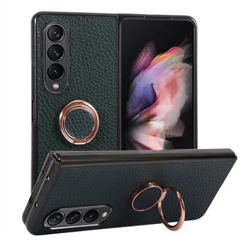 For Samsung Galaxy Z Fold4 5G Litchi Texture Phone Case Metal Ring Holder Kickstand Wear-resistant Cell Phone Protective Back Cover