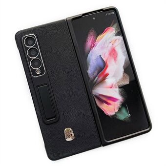 For Samsung Galaxy Z Fold4 5G Litchi Texture Phone Case Kickstand Genuine Leather Coated PC Cover