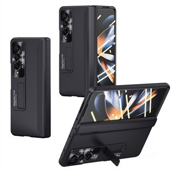 For Samsung Galaxy Z Fold4 5G Rubberized PC Cover Side Hinge Kickstand Folding Phone Case with Tempered Glass Screen Protector