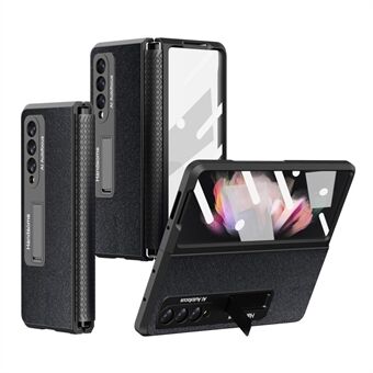 For Samsung Galaxy Z Fold4 5G Drop-proof Phone Case Kickstand Retractable Hinge Protection PU Leather + Hard PC Phone Cover with Screen Protective Film