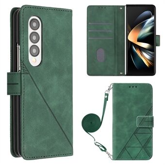 YB Imprinting Series-2 For Samsung Galaxy Z Fold4 5G Business PU Leather Cover Imprinted Lines Wallet Style Flip Stand Phone Case with Shoulder Strap