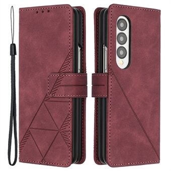 YB Imprinting Series-1 For Samsung Galaxy Z Fold4 5G Imprinted Lines PU Leather Business Cover Magnetic Closure Wallet Stand Flip Phone Case with Hand Strap