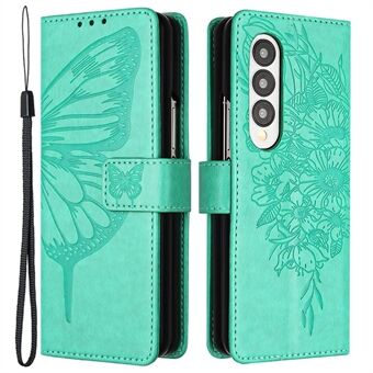 YB Imprinting Series-4 for Samsung Galaxy Z Fold4 5G PU Leather Wallet Case Magnetic Closure Butterfly Flower Imprinted Flip Stand Phone Cover with Strap