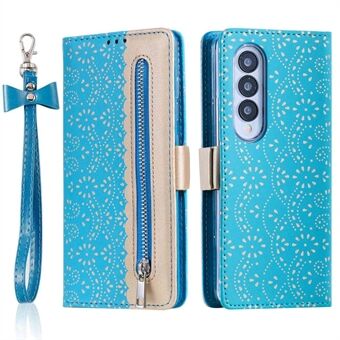 For Samsung Galaxy Z Fold4 5G Zipper Wallet Protective Case Lace Flower Pattern PU Leather Phone Stand Cover with Bowknot Wrist Strap