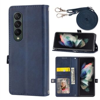 For Samsung Galaxy Z Fold4 5G Imprinted Rhombus Pattern Calf Texture Phone Case PU Leather Stand Wallet Cover with Shoulder Strap