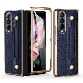 For Samsung Galaxy Z Fold4 5G Roman Series Phone Cover Retractable Wristband Folding PU Leather+PC Phone Case with Tempered Glass Film