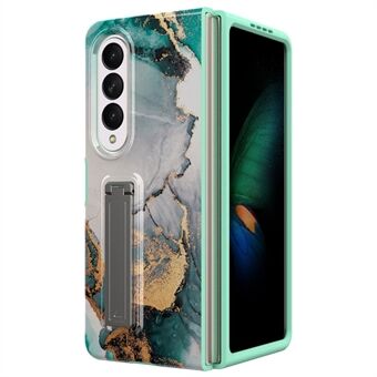 For Samsung Galaxy Z Fold4 5G Hidden Kickstand Folding Phone Case Marble Pattern Printed PC+TPU Cover with Tempered Glass Screen Film