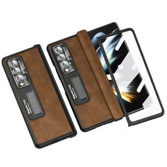 Hard PC Leather Coated Case for Samsung Galaxy Z Fold4 5G Anti-Drop Phone Case Shockproof Cover with Kickstand Support Wireless Charging