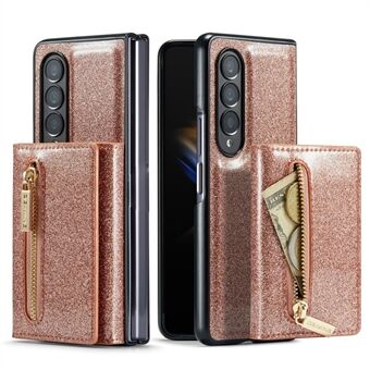 DG.MING M3 Series For Samsung Galaxy Z Fold4 5G 2-in-1 Glittery PU Leather Coated PC+TPU Back Case Magnetic Detachable Zipper Wallet Bump Proof Phone Cover with Kickstand