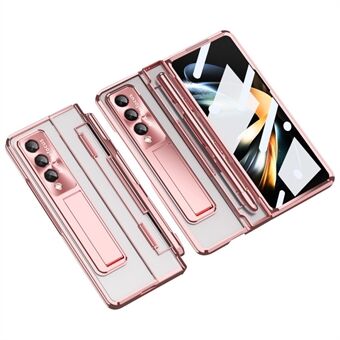 Transparent Phone Case For Samsung Galaxy Z Fold4 5G, Kickstand Electroplating Scratch-resistant PC Cover with Tempered Glass Film and Stylus