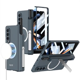 GKK For Samsung Galaxy Z Fold4 5G Magnetic Hinge Protection Cover Kickstand Hard PC Non-Slip Shockproof Phone Case with Tempered Glass Film and Pen Holder