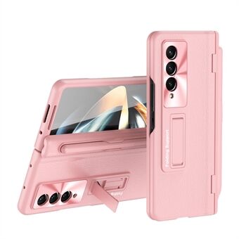 For Samsung Galaxy Z Fold4 5G Kickstand Phone Case PU Leather Coated PC Hinge Cover with Stylus and Tempered Glass Film