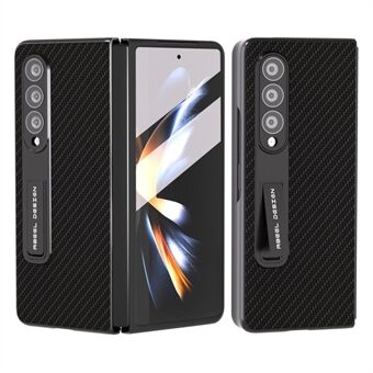 ABEEL For Samsung Galaxy Z Fold4 5G Carbon Fiber Texture Shockproof Case PU Leather+PC Kickstand Phone Cover with Tempered Glass Film