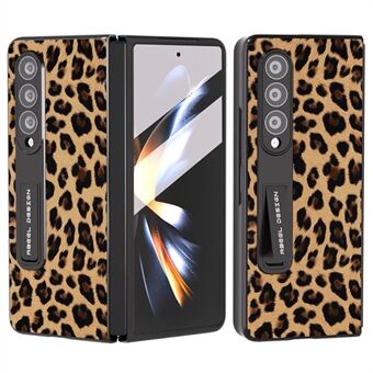 ABEEL For Samsung Galaxy Z Fold4 5G Leopard Pattern Phone Case Kickstand PU Leather PC Cover with Tempered Glass Film